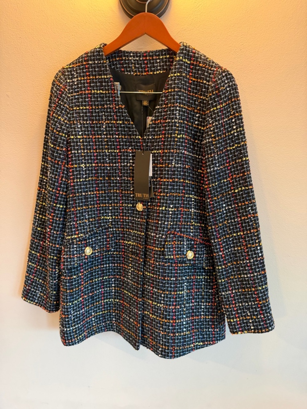 Truth by Republic Womens Multi Color Wool Blend Tweed Plaid Blazer Jacket NWT S